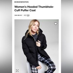 BCBGeneration Women's hooded thumbhole-cuff puffer coat (black, size M)